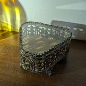 Vintage 1950's Trapezoid Shape Gold Filigree Jewelry Casket Box Regency Velvet